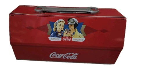 Coca Cola Tin Toolbox w/ Wrench Handle Vintage 1990s Novelty Red 9"x4" Coke