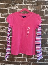 NWT GAP KIDS GIRLS 8 LONG SLEEVED TEE T SHIRT TOP PINK 2-IN-1 TOP STRIPED SLEEVE