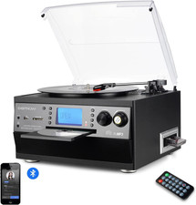! Bluetooth Viny Record Player Turntable, CD, Cassette, AM/ FM Radio and Aux in