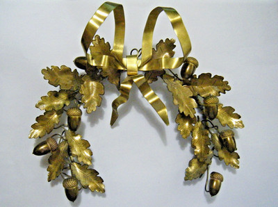 Vintage 40s Dresden Brass Germany 8'' Acorns & Oak Leaf Half Wreath Door / Wall