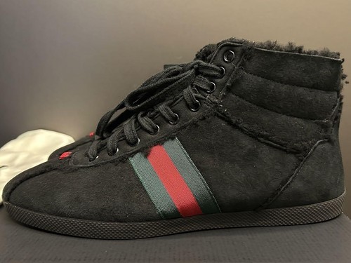 GUCCI Men's High-cut Sneakers Shelly Line Suede Black UK7.5 W/ Bag 65299K Authen - Picture 2 of 13