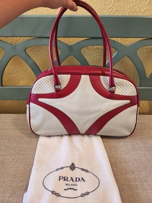 Vintage Y2K PRADA Bowling Bag Red White Two Tone Leather Rare