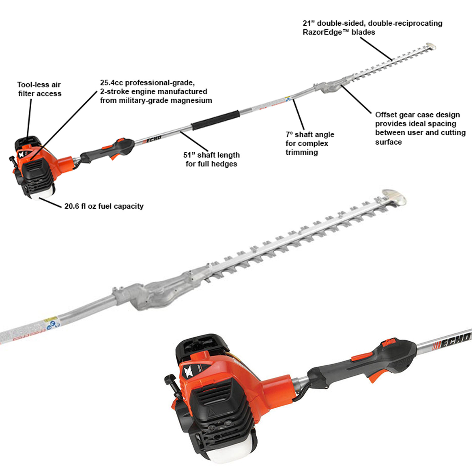 SHC2620 Echo 25.4 CC Gas 2-Stroke Cycle 21" Double Sided Hedge Trimmer 51" Shaft
