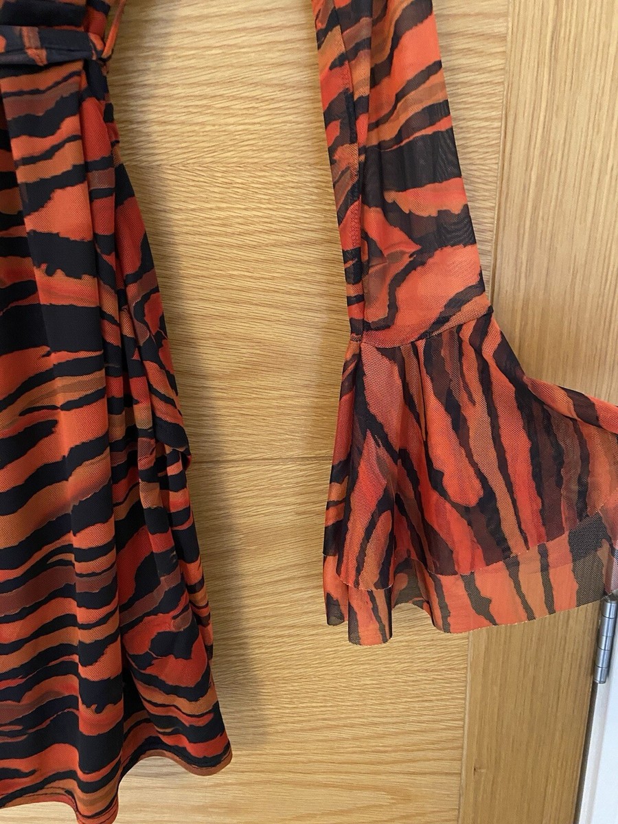Orange Zebra Print Mesh Flared Sleeve Tie Waist Bodycon Dress Size 10