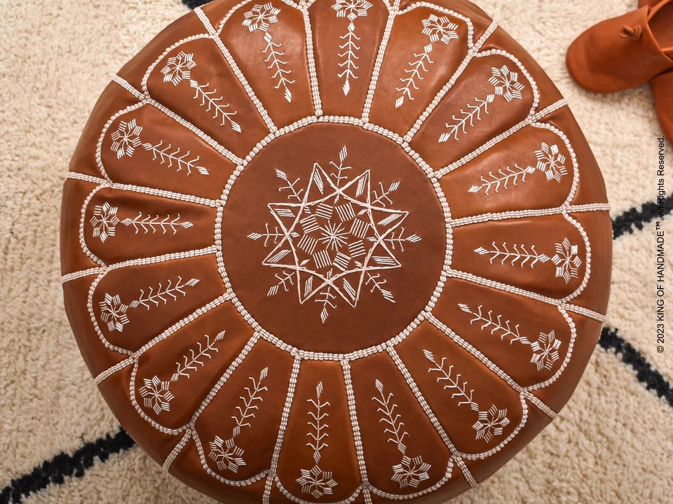 МЯГКИЙ кожаный ножной табурет оттоманка, ручной работы марокканский пуф, кожаная мебель - Изображение 3 из 4