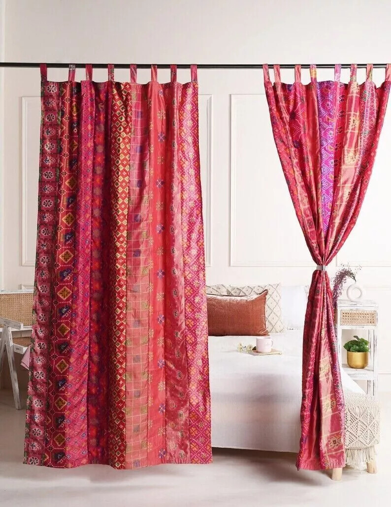 Indian Old Silk Sari Saree Boho Multi Curtain Door Drape Decor Silk