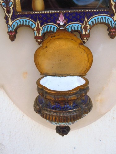 Benitier emaux cloisonne miniature Vierge Enfant Jesus Madone 19ème - Bild 9 von 12