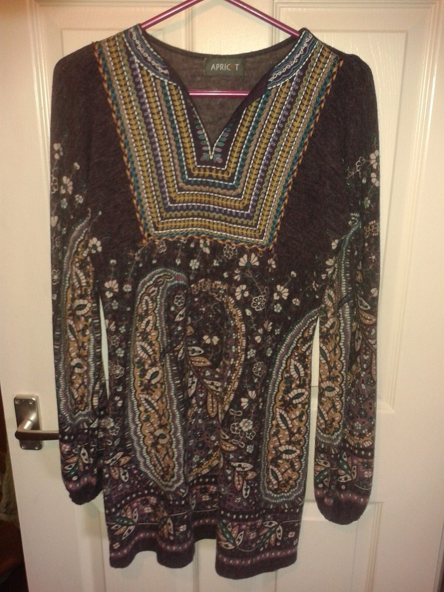 Apricot Winter Dress Long Sleeve Paisley Pattern, Boho/Hippie Size