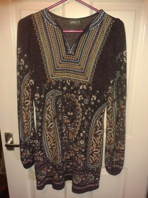 Apricot Winter Dress Long Sleeve Paisley Pattern, Boho/Hippie Size