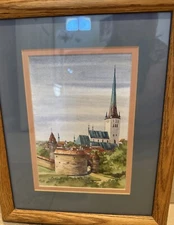 Original Tallin Estonia Watercolor Painting Unknown Artist Framed Castle Artwork