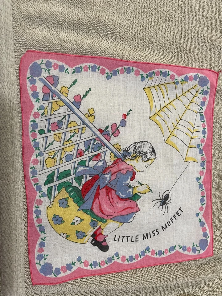 Childs Little Miss Muffet коричневый паук синий и желтый цветы розовый край носовой платок - Изображение 3 из 4