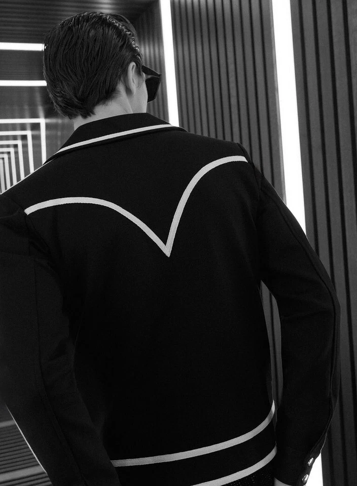 Men's Designer Wool  jacket Black Striped Trim Cropped Jacket Phix fashion - Image 4 of 4