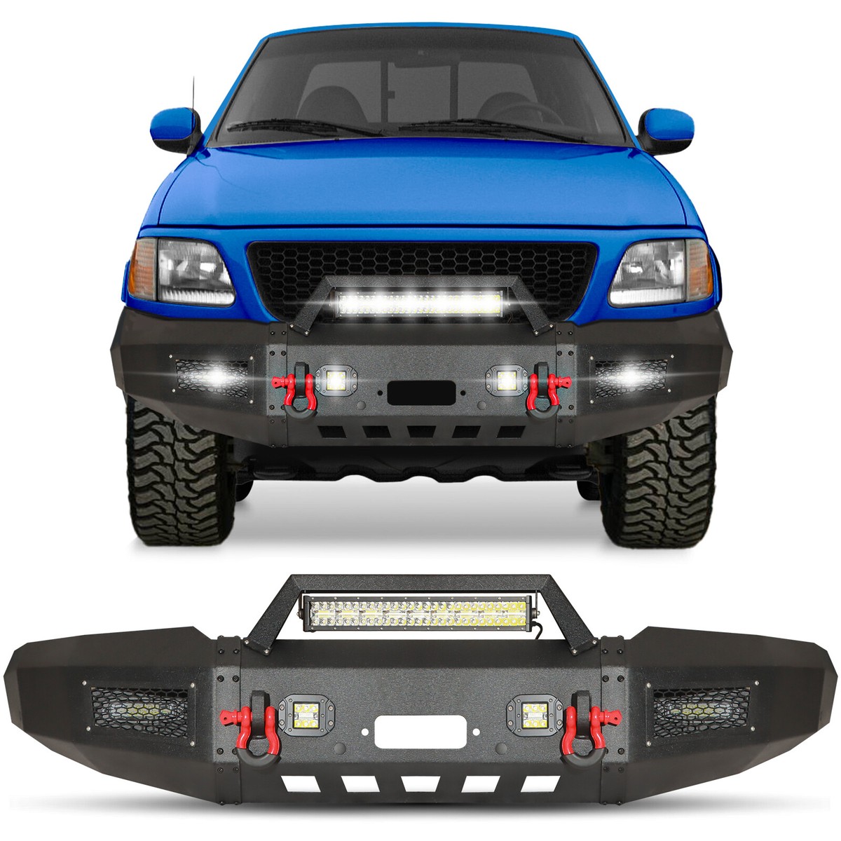 Black Steel Front Bumper For 1997-2003 Ford F150 W/Winch Plate LED