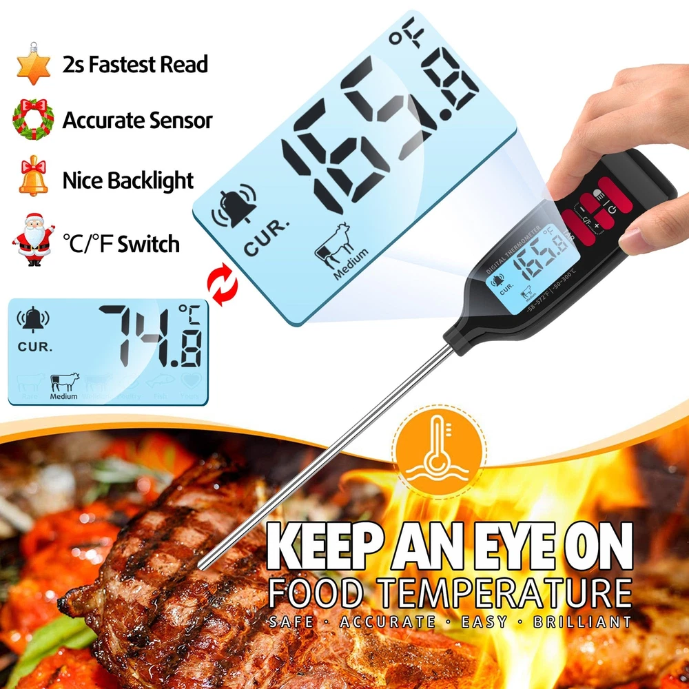 Meat Thermometer with Long Food Temperature Probe, Digital Instant Read Food ...