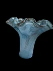 Large Murano Art Glass Vase Ruffled Top Teal Blue & Copper 11 1/2 " Tall Vintage