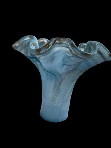 Large Murano Art Glass Vase Ruffled Top Teal Blue & Copper 11 1/2 " Tall Vintage