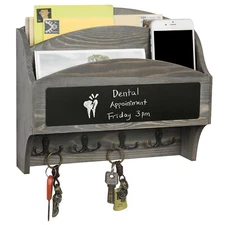 MyGift 2 Slot Vintage Gray Wood Wall Mail Rack with Chalkboard and 8 Key Hooks