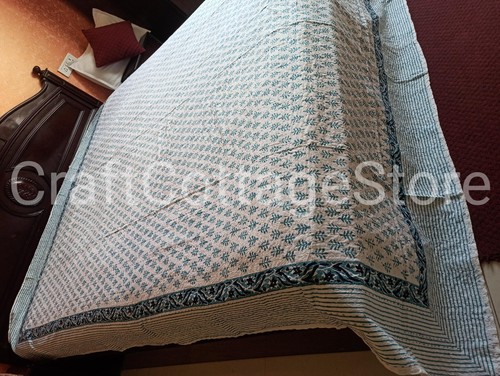 authentic Indian blue Kantha Quilt Bedspread Throw Cotton Bedcover Block Print - Picture 11 of 24