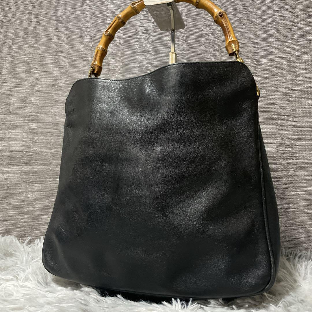 GUCCI Bamboo Handle Black Leather Tote Bag Large Shoulderless Handbag JAPAN