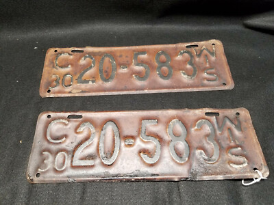 1930 Matched pair of Walworth County Wisconsin license plates C 20-583 WIS