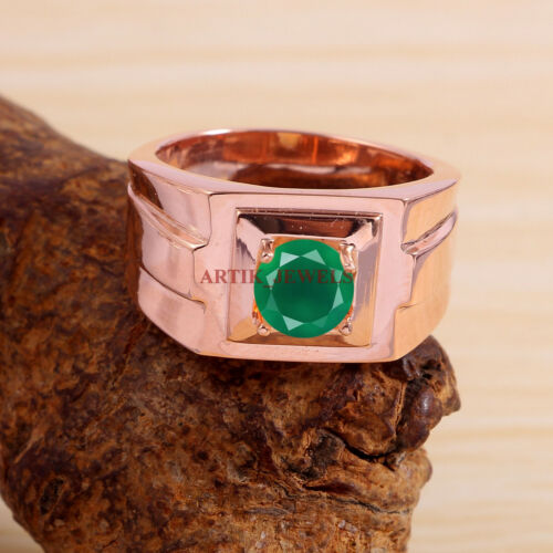 Natural Green Onyx Gemstone Rose Gold Plated 925 Sterling Silver Men's Ring 5757 - Picture 1 of 4