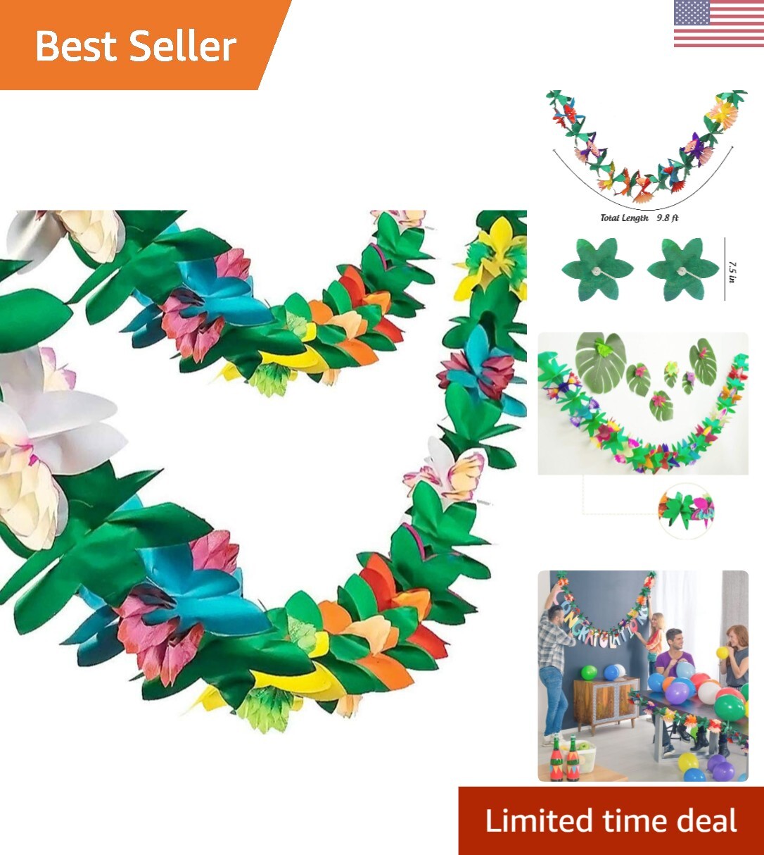 Party Decorations, 20ft Multicolored Tissue Paper Hibiscus Flower Summer Bann...