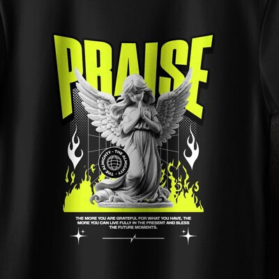 Praise Graphic Tee, Angel with Wings Shirt, Unique Streetwear Design, Cool Graph