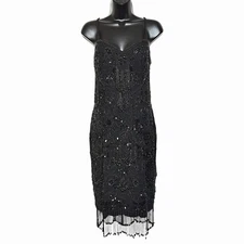 VINTAGE OLEG CASSINI BLACK TIE HEAVILY BEADED FRINGE DRESS 1990s FORMAL PROM