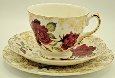 Vintage Royal Stafford Bone China Trios Red Roses, Gold, Scalloped England