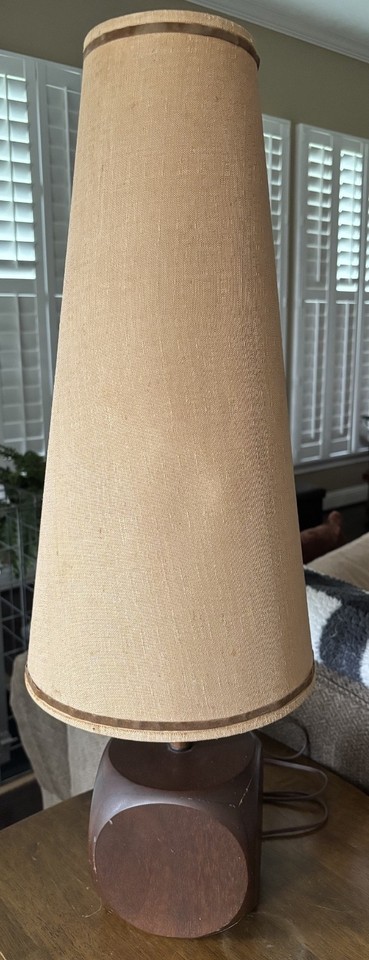 Vintage 1970s Mid Century Modern Table Lamp 29" Wood Burlap Cone Shade Victor