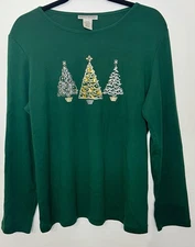 Rebecca Malone Christmas Tree Long Sleeve Top Holiday Green Large