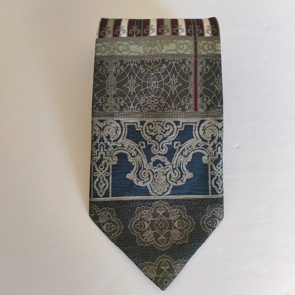 Corbata Fratelli Hombre 100% Seda Azul Borgoña 4" Ancho 57" Largo Hecha a Mano Italia Barroco Foto 4 de 4