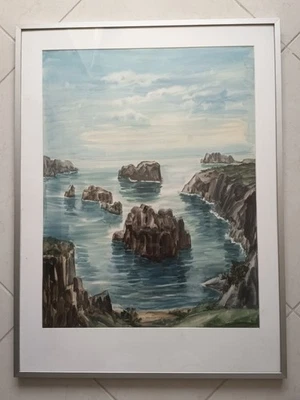 ALBERT DECARIS TRES GRANDE AQUARELLE ENCADREE MARINE BORD DE MER COTE ROCHEUSE - Photo 1/4