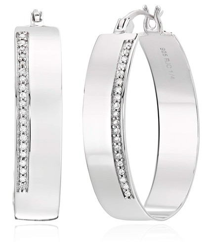 Diamond Earrings for Women 1/4 CT Sterling Silver 1.50 Inch Round Hoop Design - Picture 2 of 8