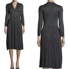 Kate Spade Metallic Knit Faux Wrap Midi Sweater Dress L Pleated Dashing Beauty