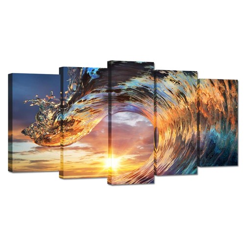 Large 5 Piece Sea Waves Canvas Wall Art Sunset Ocean Wave Seascape Artwork Oc...