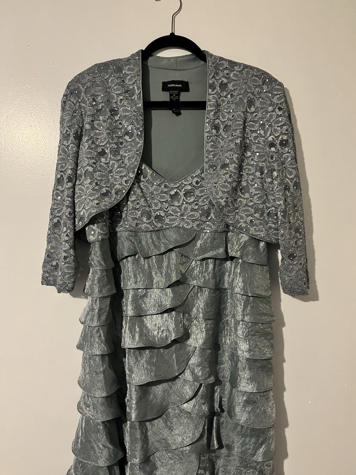 R&M Richards Women's Blue Tiered Gown W/Jacket Sz 16 EUC Mother Of The Bride