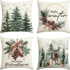 Kissenbez&uuml;ge Weihnachten, 45x45cm, 4er Set, Rentier, Kiefernzapfen, Herz, modern