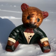 Vintage Hand Carved Hand Painted Sitting Solid Wooden Teddy Bear Figurine 7.5   