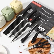 6pcs Black Kitchen Knife Set Stainless Steel Non-Stick Corrugated Chef Knives