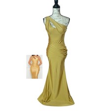 Gold One Shoulder Ruched Evening Gown Glamorous Formal Maxi Dress