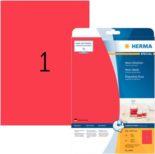 Herma Universal-Etiketten Special, 210 X 297 Mm, Neon-Rot 1 Bis 40 Stk-image
