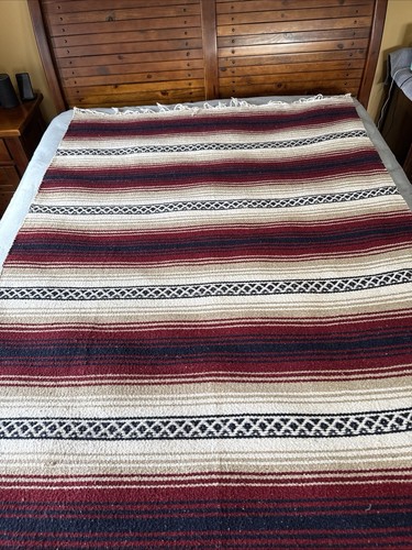 Vintage Mexikanische Serape Decke Überwurf Rot Marine Weiß 52x73 Azteken