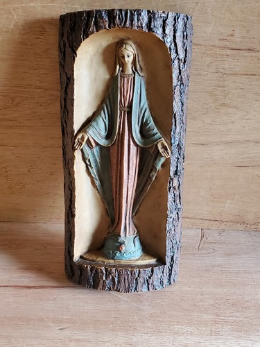 Virgin Mary Snake Underfoot Plaque Art Faux Tree Wall Hanging Vtg Italy Italian