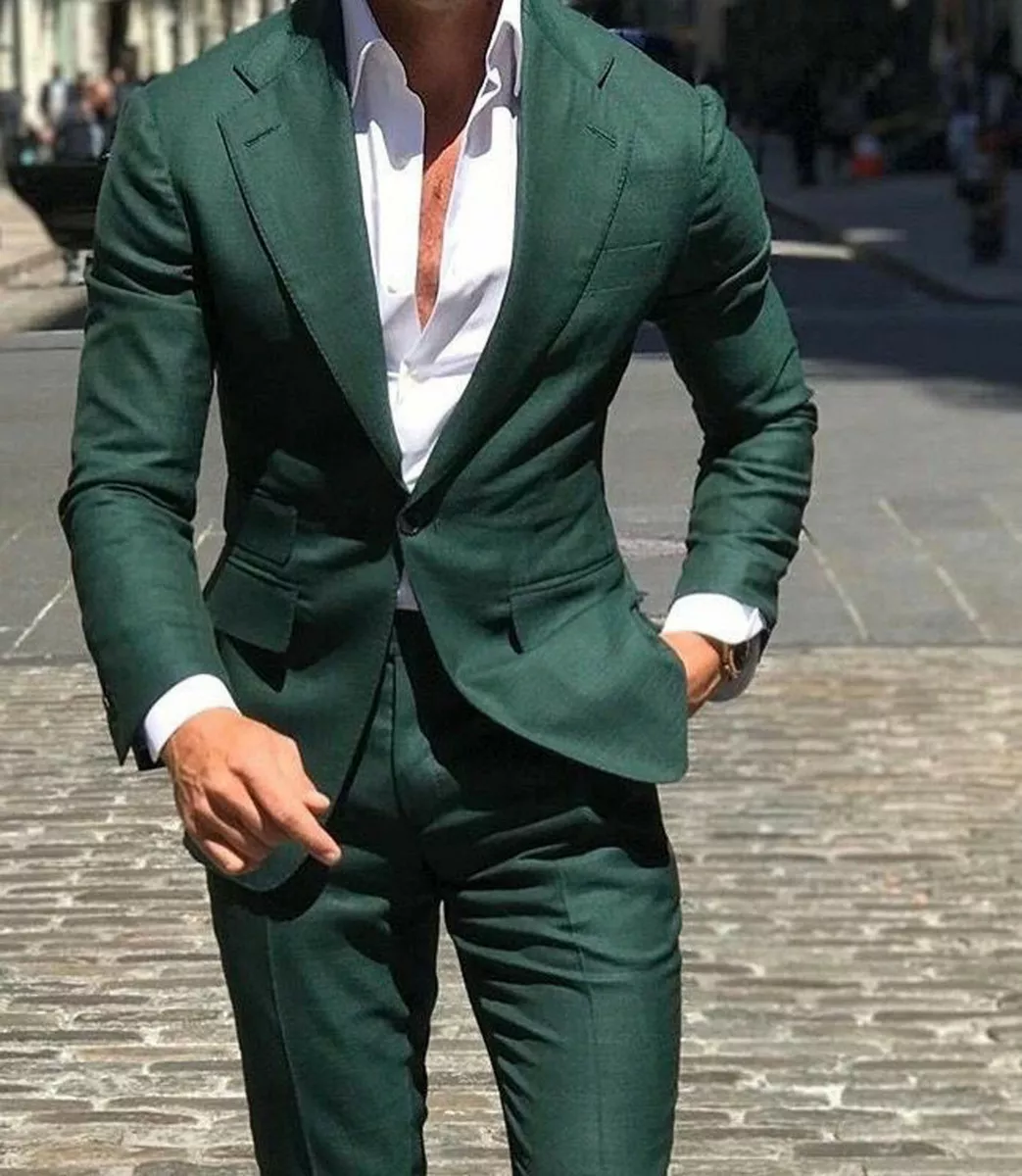 Men Green 2 Piece Suits Office Work Casual Wedding Dinner Suits (Coat +  Pants)