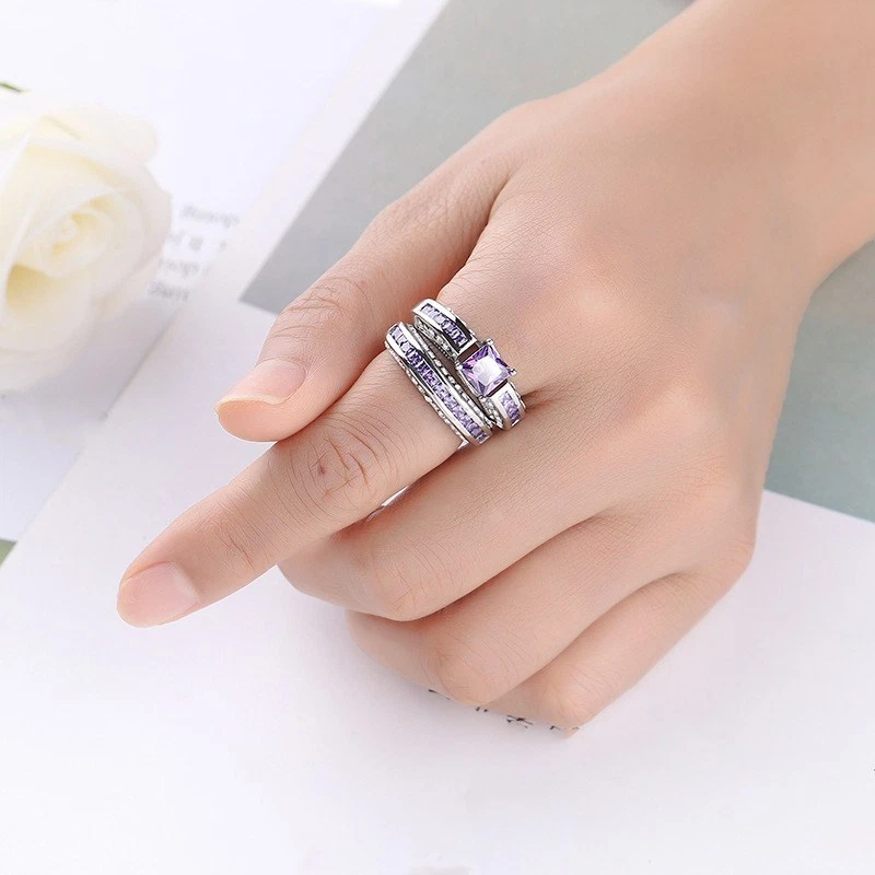 Conjuntos de anillos rellenos de oro blanco de 14kt princesa circonita púrpura AAA para mujer talla 6-10 Foto 2 de 4