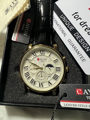 CAYON 1996, design suisse, chronographe date lune et soleil