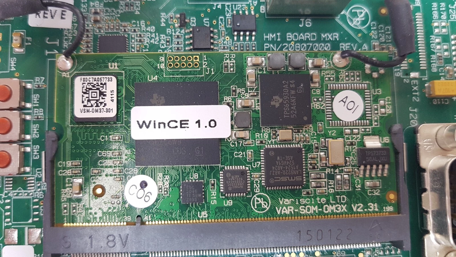 Variscite VAR-SOM-OM37 module with WinCE 1.0 label on HMI BOARD MXR PN 20807000