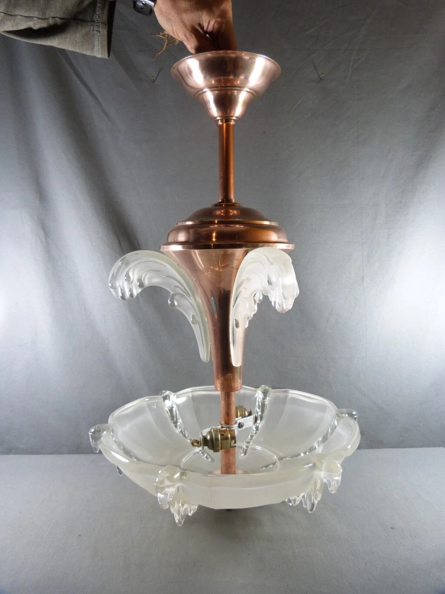 French Art Deco frosted glass chandelier after EZAN 1930 s