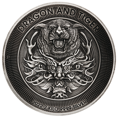 Dragon and Tiger 2022 2 Kilo 9999 Silver Antiqued High Relief $60